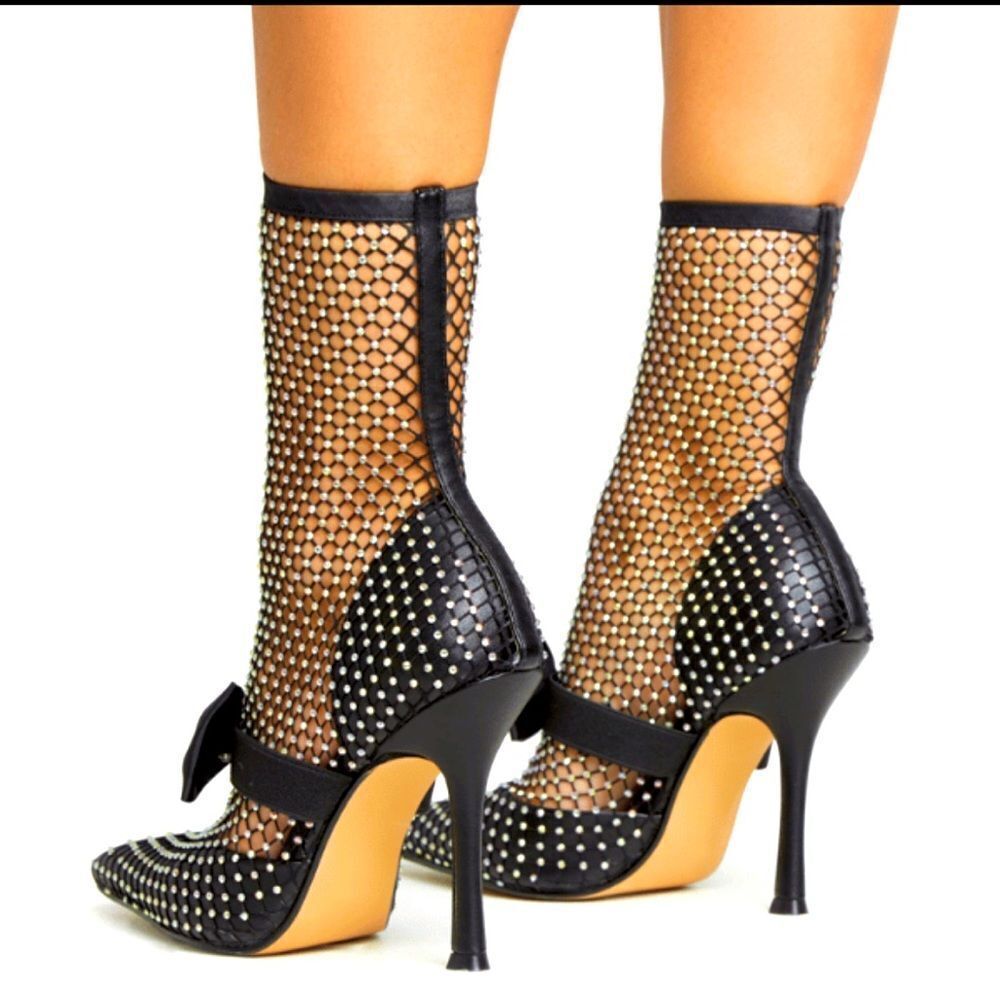 BLACK FISHNET DIAMANTE ANKLE BOOTIE WITH BOW - Picture 4 of 6